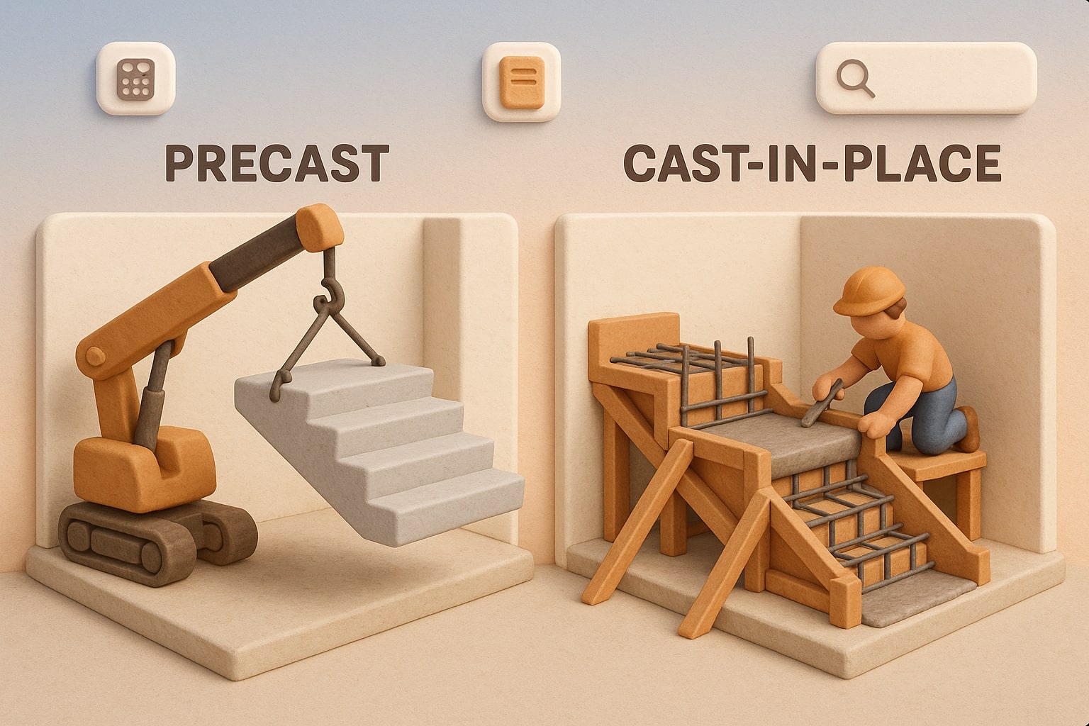 Demonstra como o Cálculo de Escadas de Concreto funciona com campos para inserir dados e resultados instantâneos que facilitam a resolução de problemas.