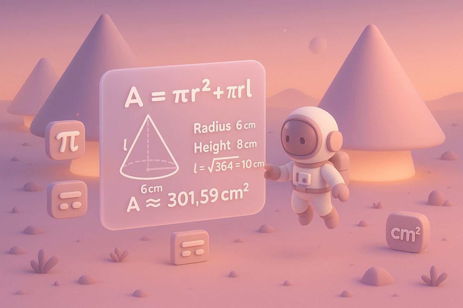 Ilustração de como a calculadora de área superficial do cone funciona com campos de entrada e resultados instantâneos para ajudar os usuários a resolver problemas facilmente.
