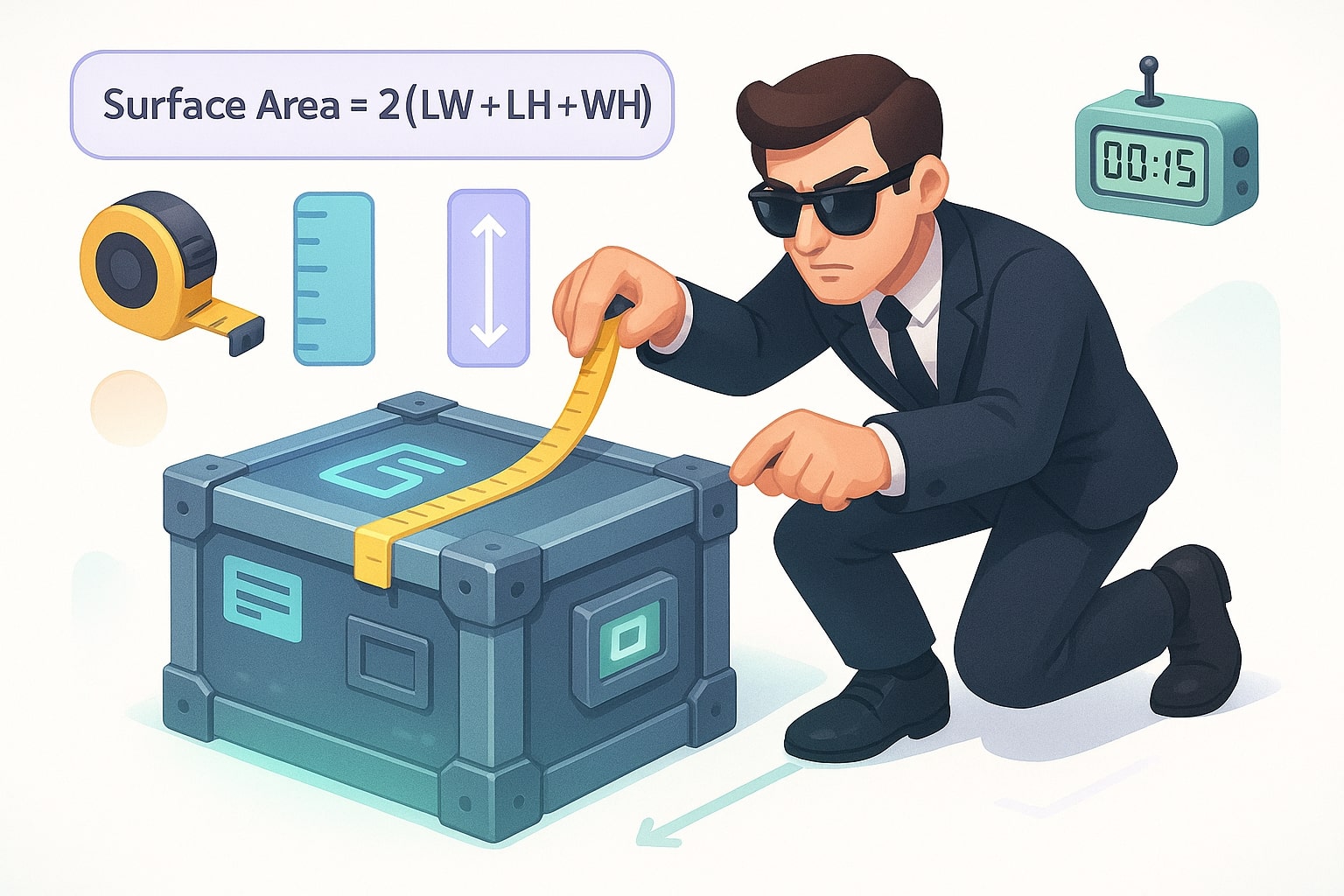 Ilustração de como a área de superfície de um retângulo funciona com campos de entrada e resultados instantâneos para ajudar os usuários a resolver problemas facilmente.